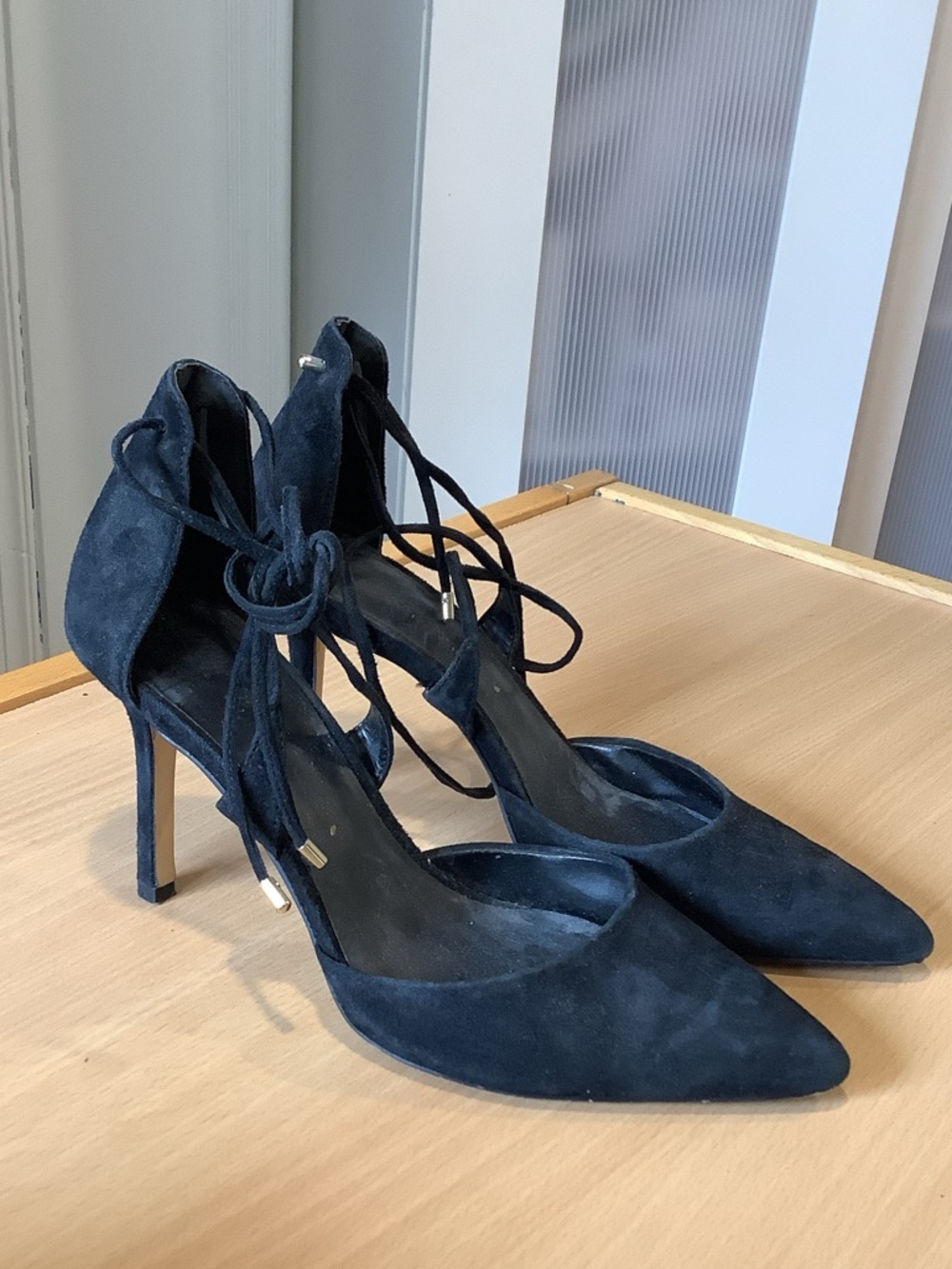 Lord & Taylor Navy Suede Pointed Lace-Up Stiletto Heels